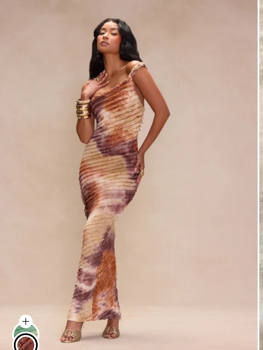 Fashion Nova One-Shoulder Tie-Dye Ruched Maxi Dress in Rust and Mauve